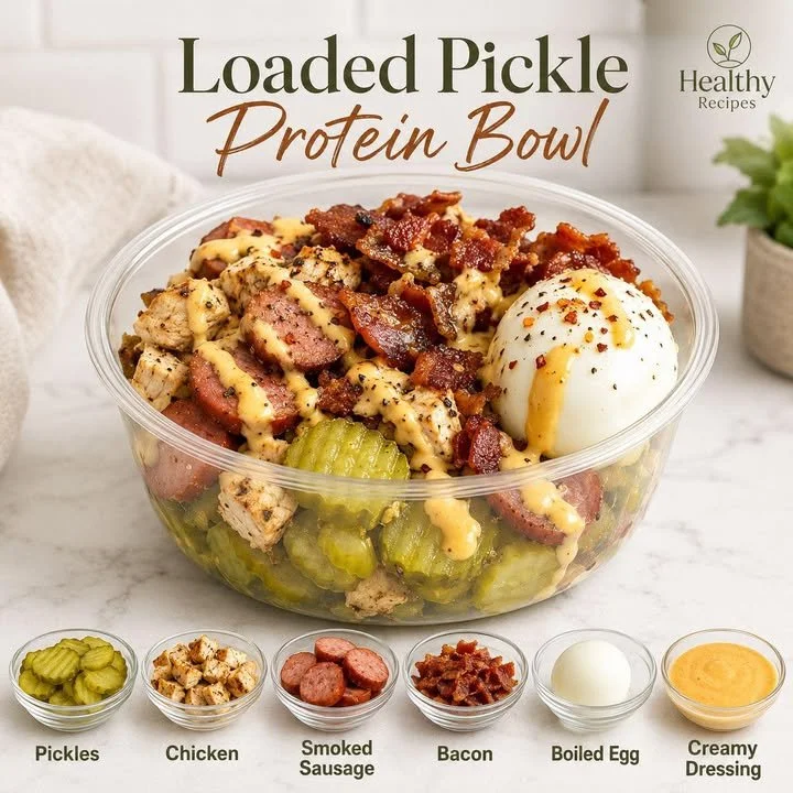 Delicious loaded pickle protein bowl recipe with fresh ingredients