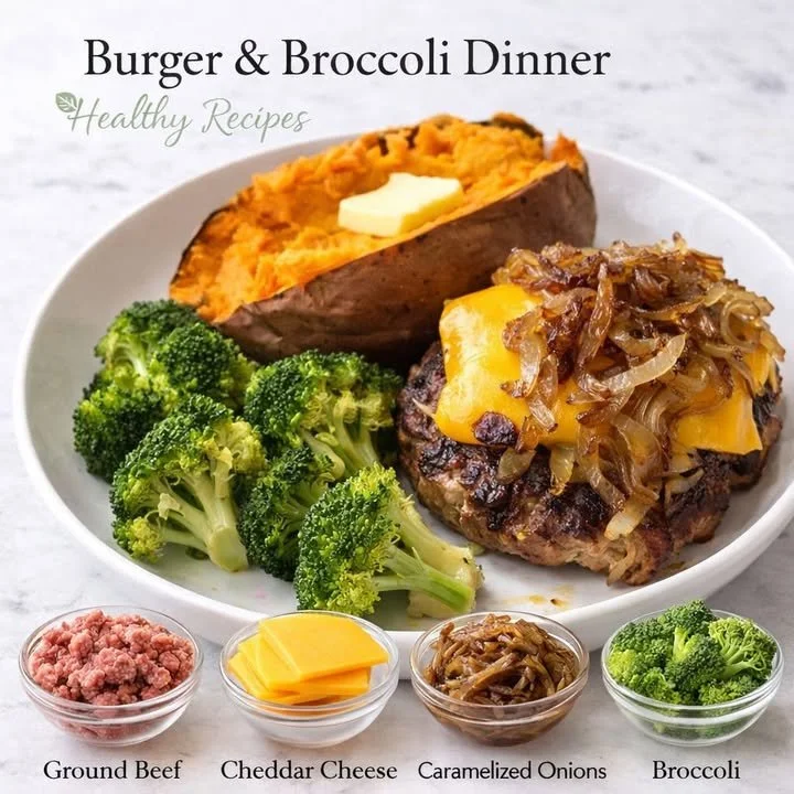 Delicious low-carb burger served with steamed broccoli for a healthy dinner