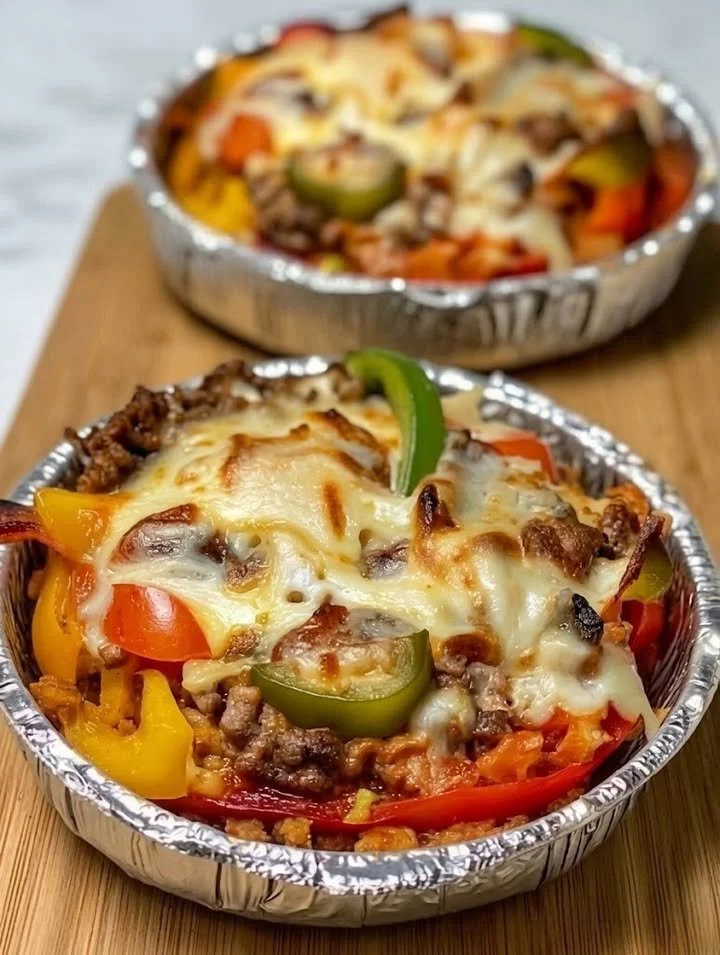 Delicious low-carb crustless pizza bowl filled with toppings and cheese