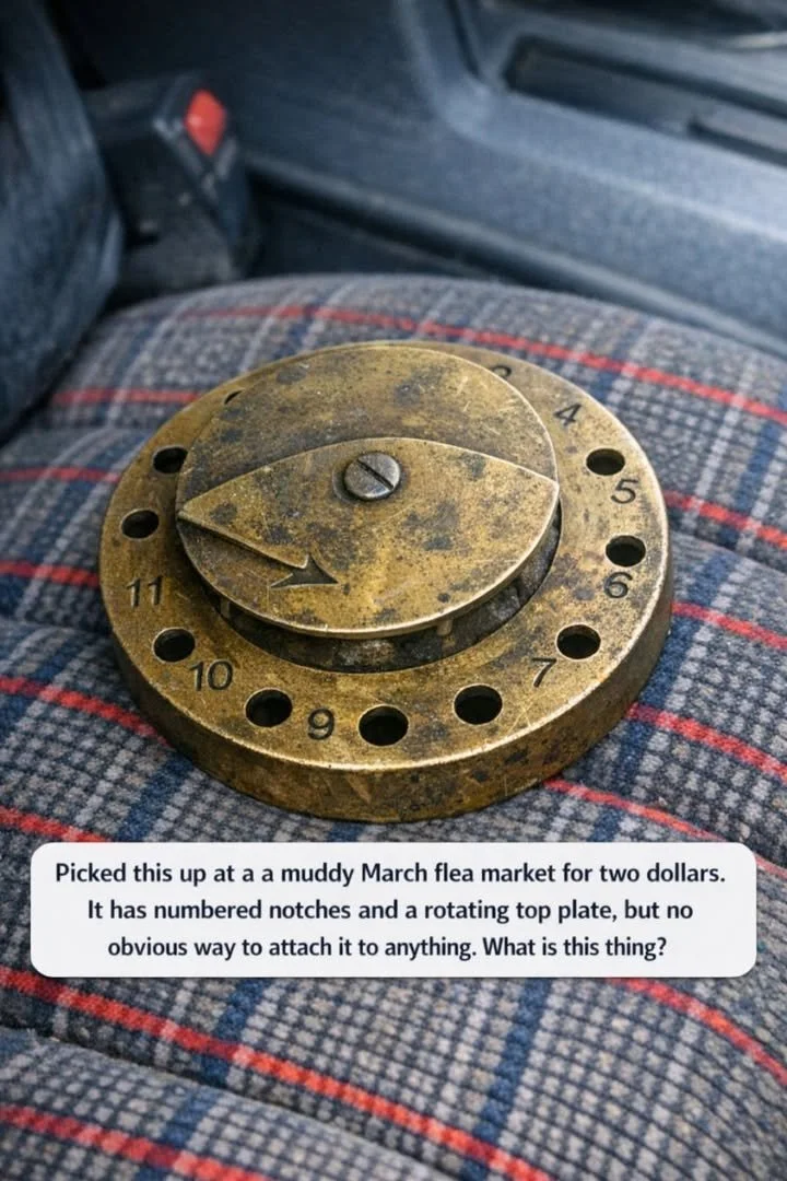 Mysterious gadget with rotating top plate and numbered notches found at flea market.