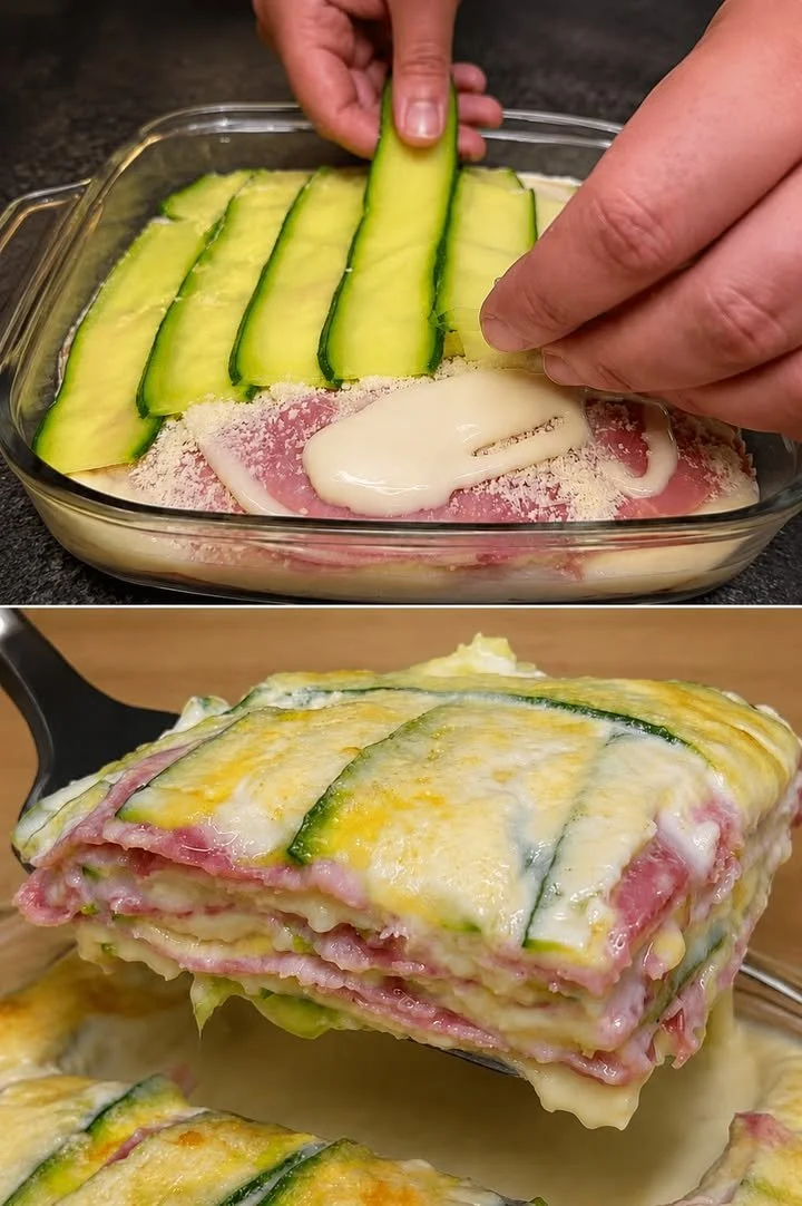 Parmigiana Bianca con Zucchine, Prosciutto e Scamorza in un piatto elegante