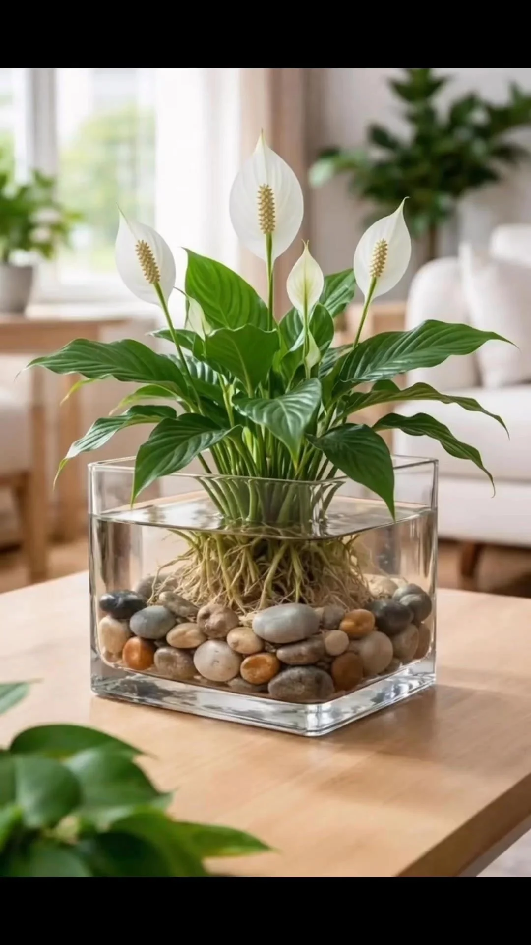 Peace Lily plant with white powder for cleaner pots and better root support
