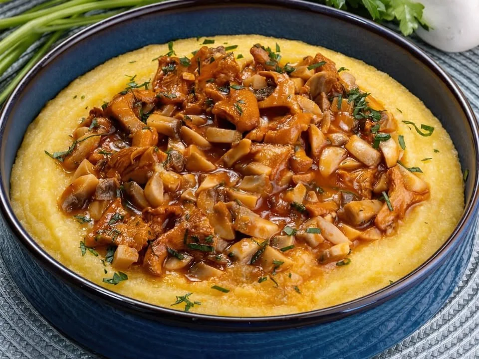 Piatto di Polenta con Funghi ricoperto da funghi freschi e prezzemolo