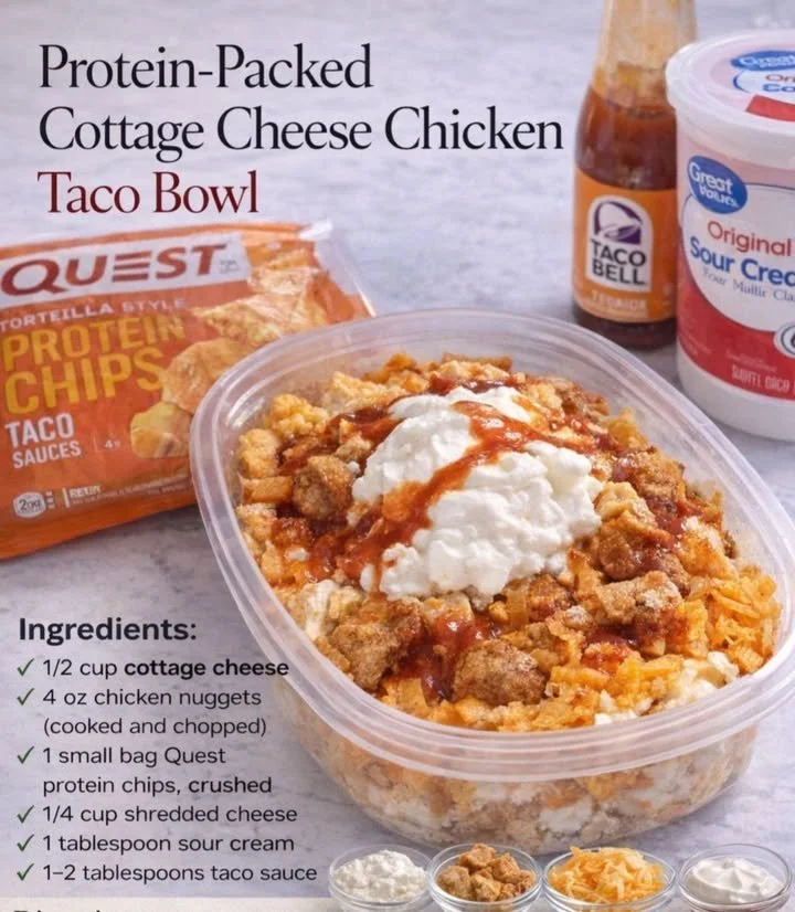 Protein-packed cottage cheese chicken taco bowl garnished with fresh ingredients.