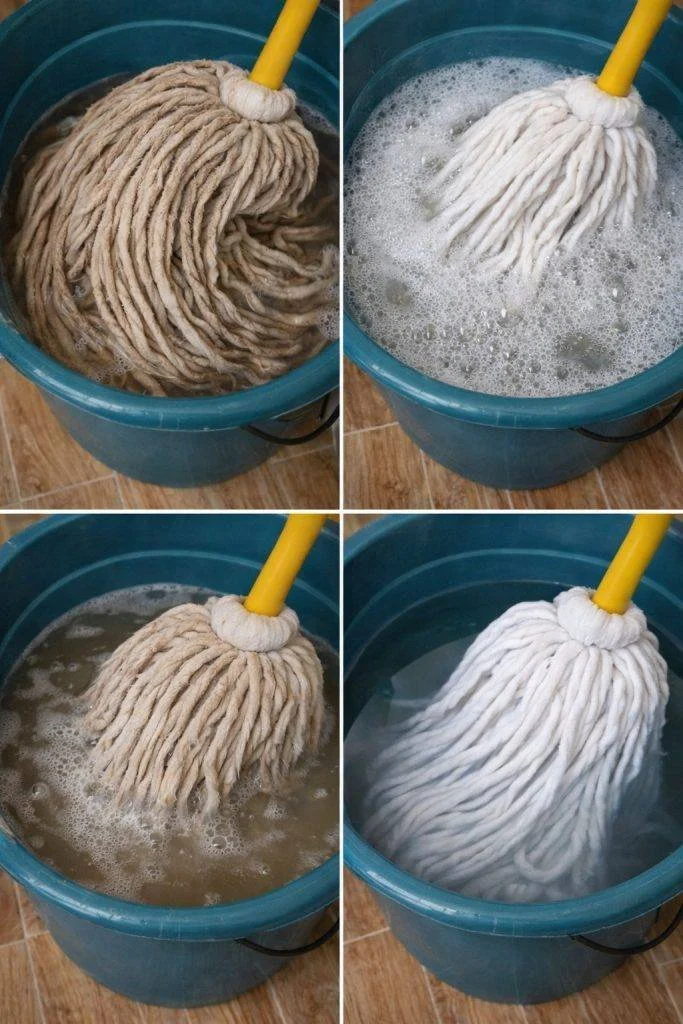 Reviving a very dirty mop using a special ingredient for cleaning.