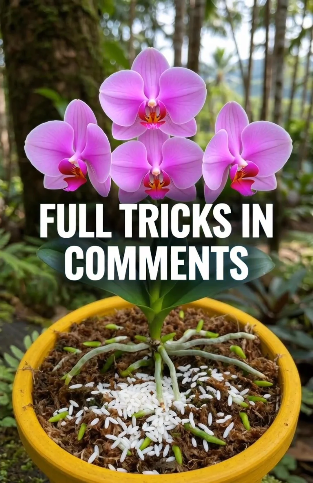 Young orchid in rice to manage moisture; tips for better orchid care.