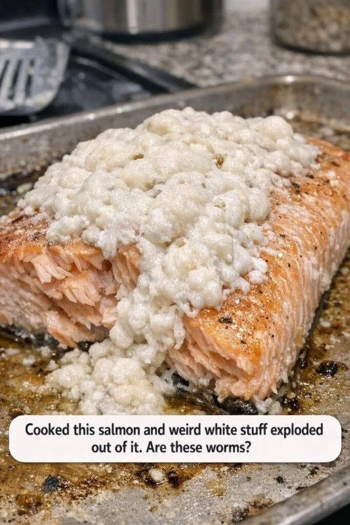 Close-up of salmon revealing white worms, exploring the salmon worms phenomenon.