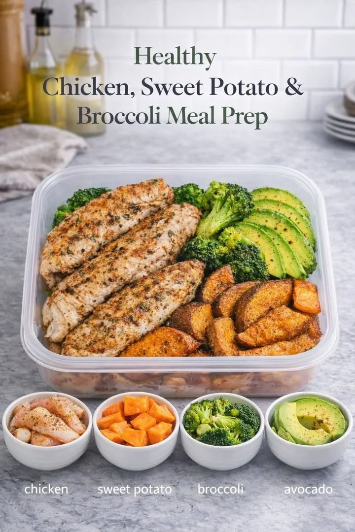 Sheet Pan Chicken with Sweet Potato, Broccoli, and Avocado meal