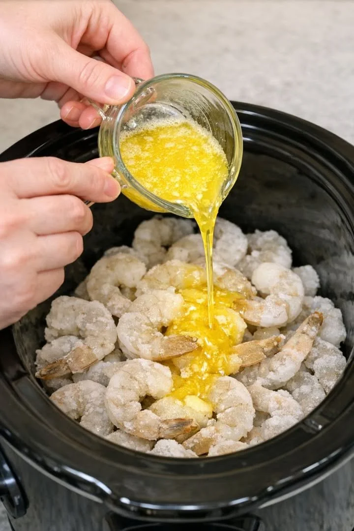 Delicious slow cooker butter shrimp served with a creamy sauce