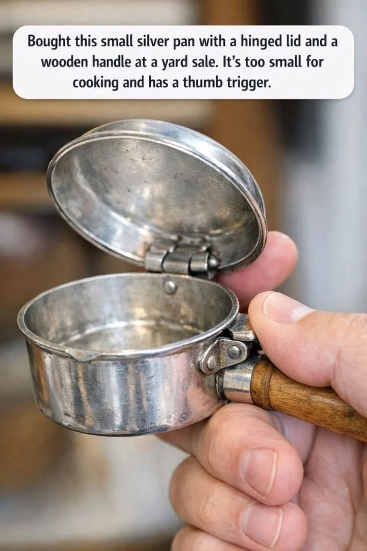 Small silver pan with hinged lid and wooden handle from a yard sale