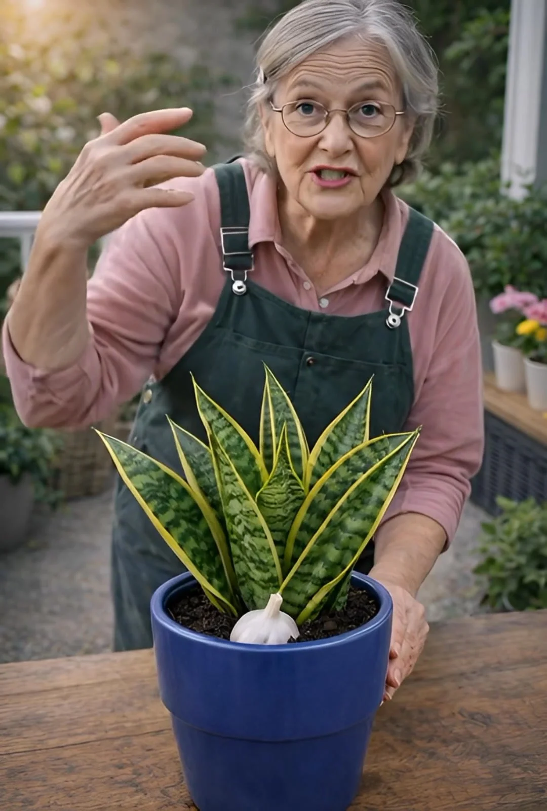 Snake Plant and Garlic in a garden, showcasing natural pest control benefits