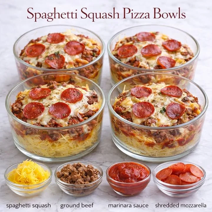 Spaghetti squash pizza bowls topped with cheese and veggies