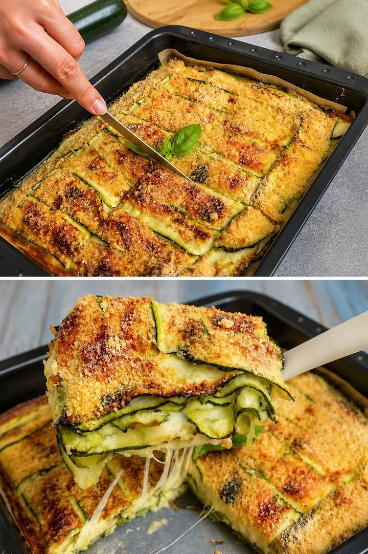 Strati di zucchine e formaggio al forno, piatto gustoso e sano.