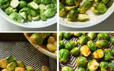 Bowl of super easy roasted sweet chili Brussels sprouts on a wooden table