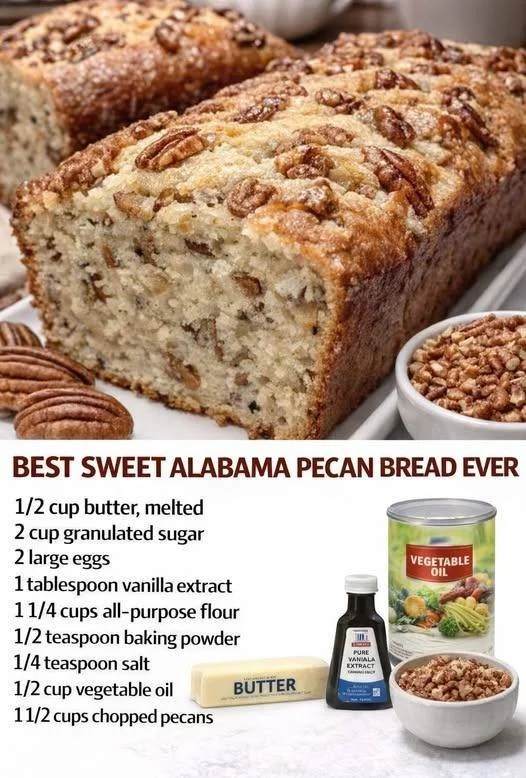 Sweet Alabama Pecan Bread, a moist Southern dessert loaf with pecans.