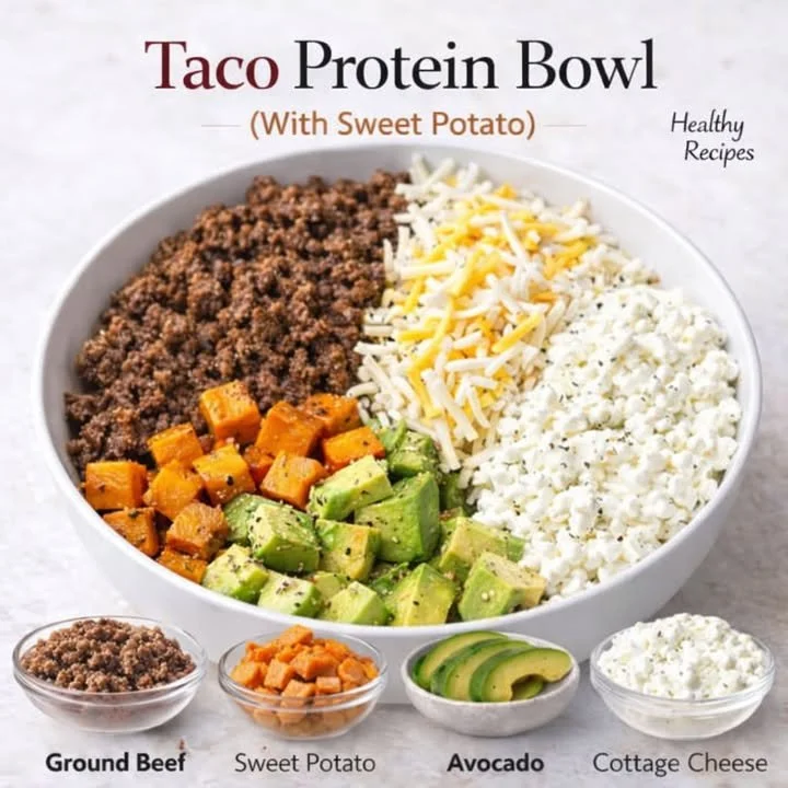 Taco protein bowl with ground beef, sweet potato, and fresh toppings