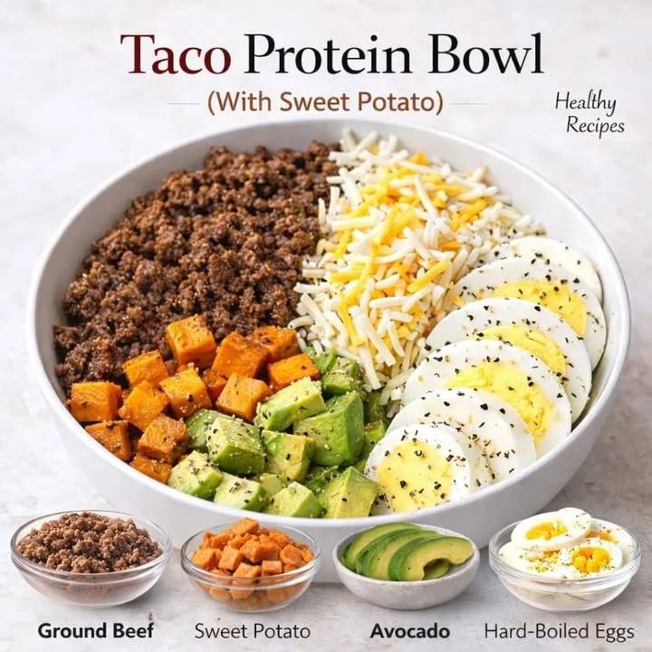 Taco Protein Bowl with Sweet Potato, black beans, and fresh toppings