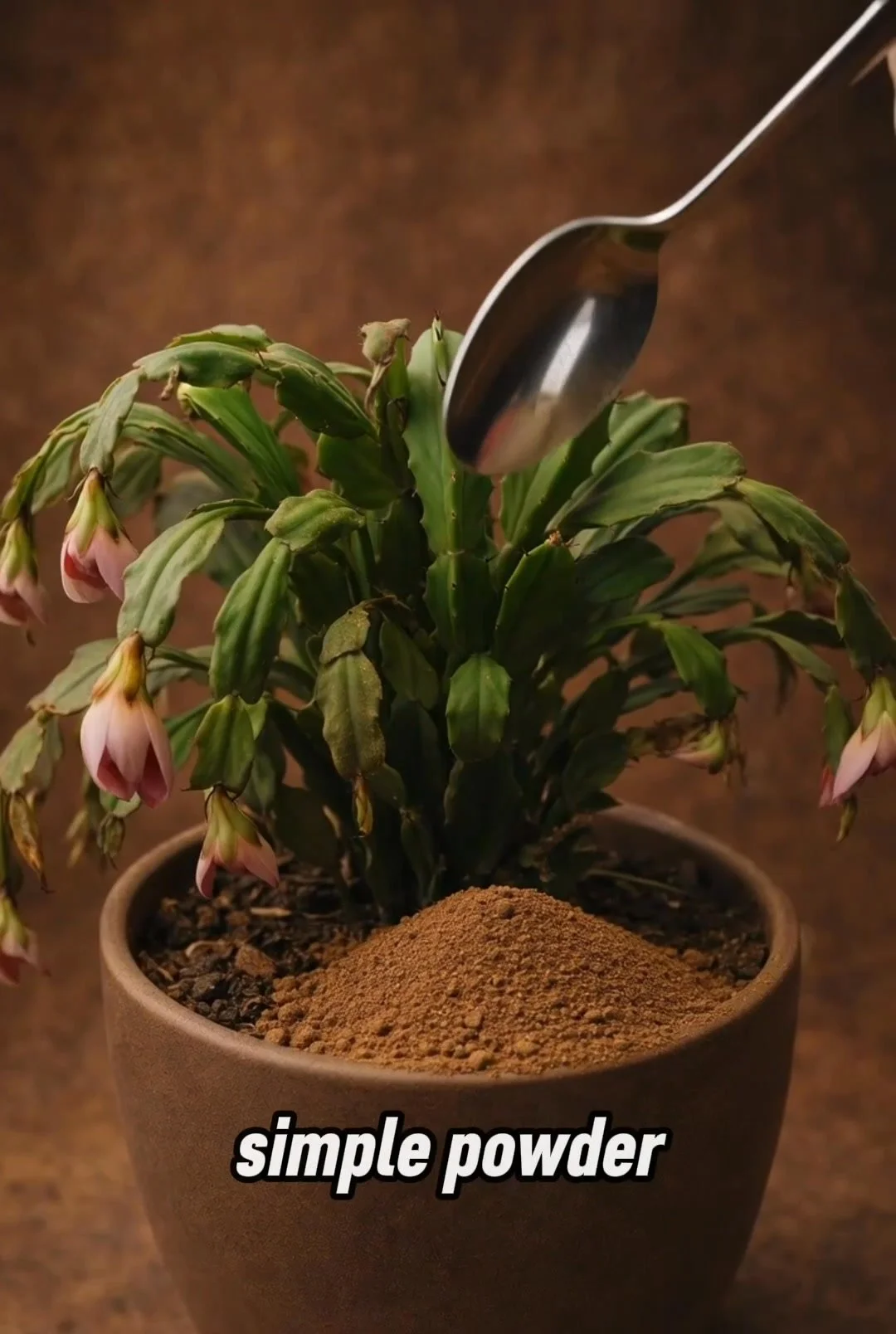 Blooming Christmas cactus nurtured with special powder for vibrant flowers