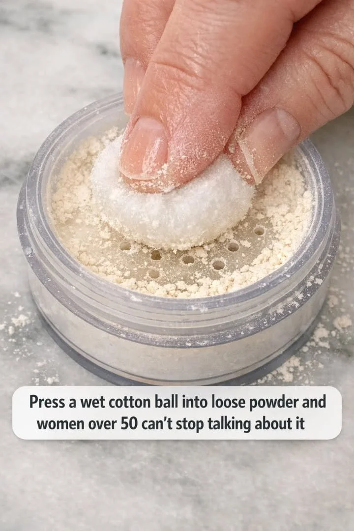 Wet cotton ball in loose powder beauty hack for women over 50