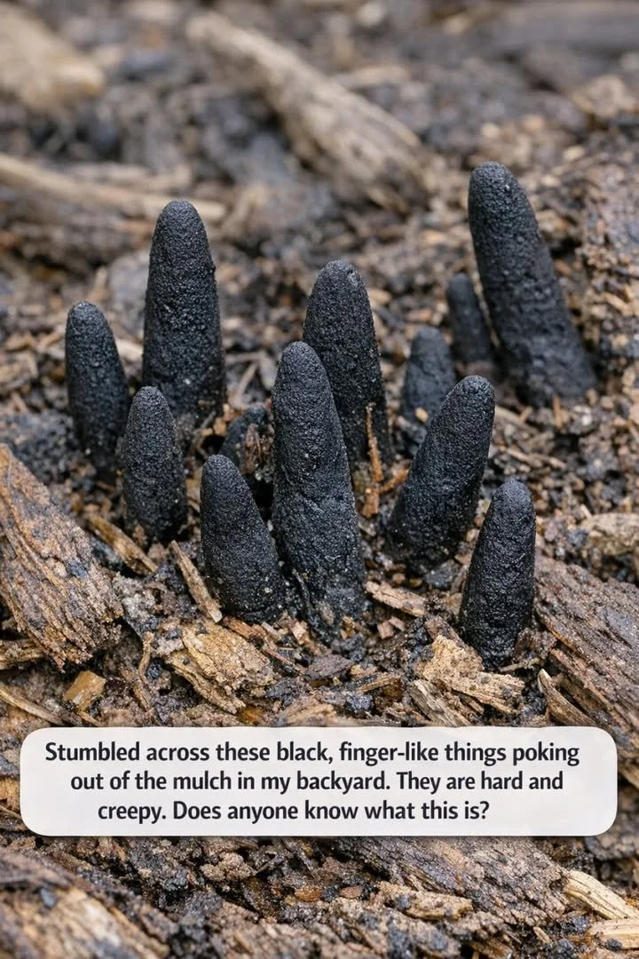 Close-up of black finger-like objects found in garden mulch