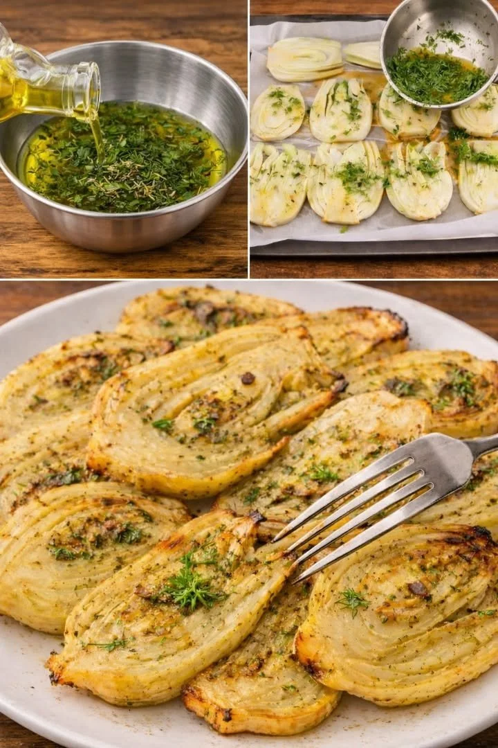 Delicious baked fennel dish served with herbs and seasoning