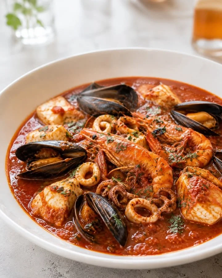 Piatto di Cacciucco alla livornese con pesce fresco e pomodoro