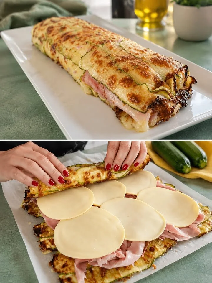 Cheesy zucchini roll served on a plate garnished with herbs
