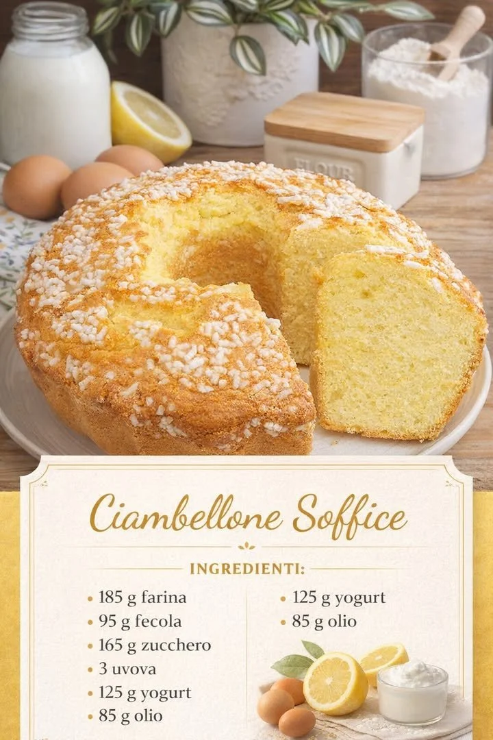 Deliciously fluffy Ciambellone cake served on a plate with a slice cut out.