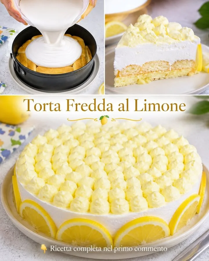 Delicious cold lemon cake garnished with lemon slices and whipped cream.