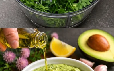 Creamy avocado mayonnaise in a bowl with fresh avocados and herbs