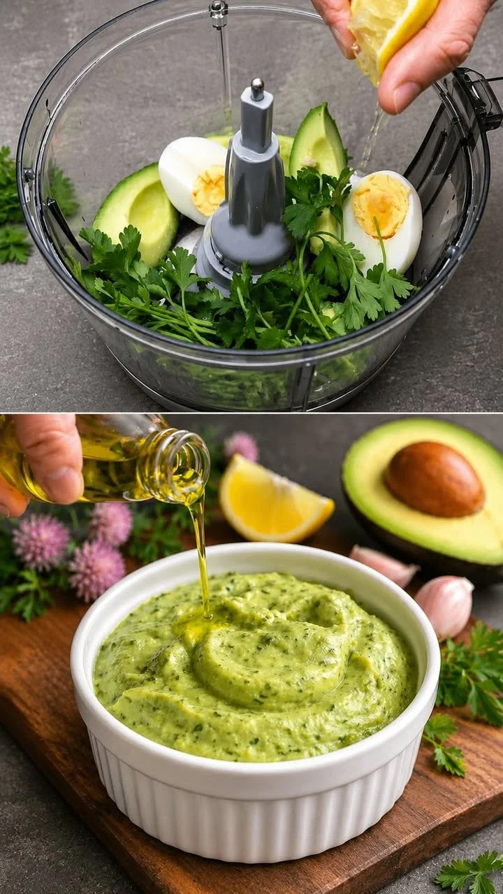 Creamy avocado mayonnaise in a bowl with fresh avocados and herbs