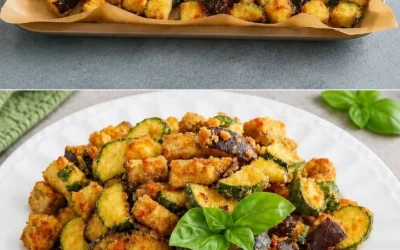 Crispy baked eggplant and zucchini dish served on a plate