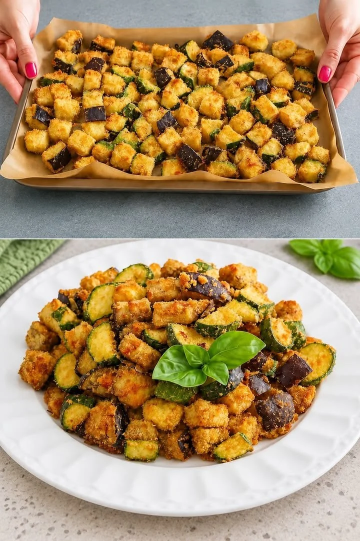 Crispy baked eggplant and zucchini dish served on a plate
