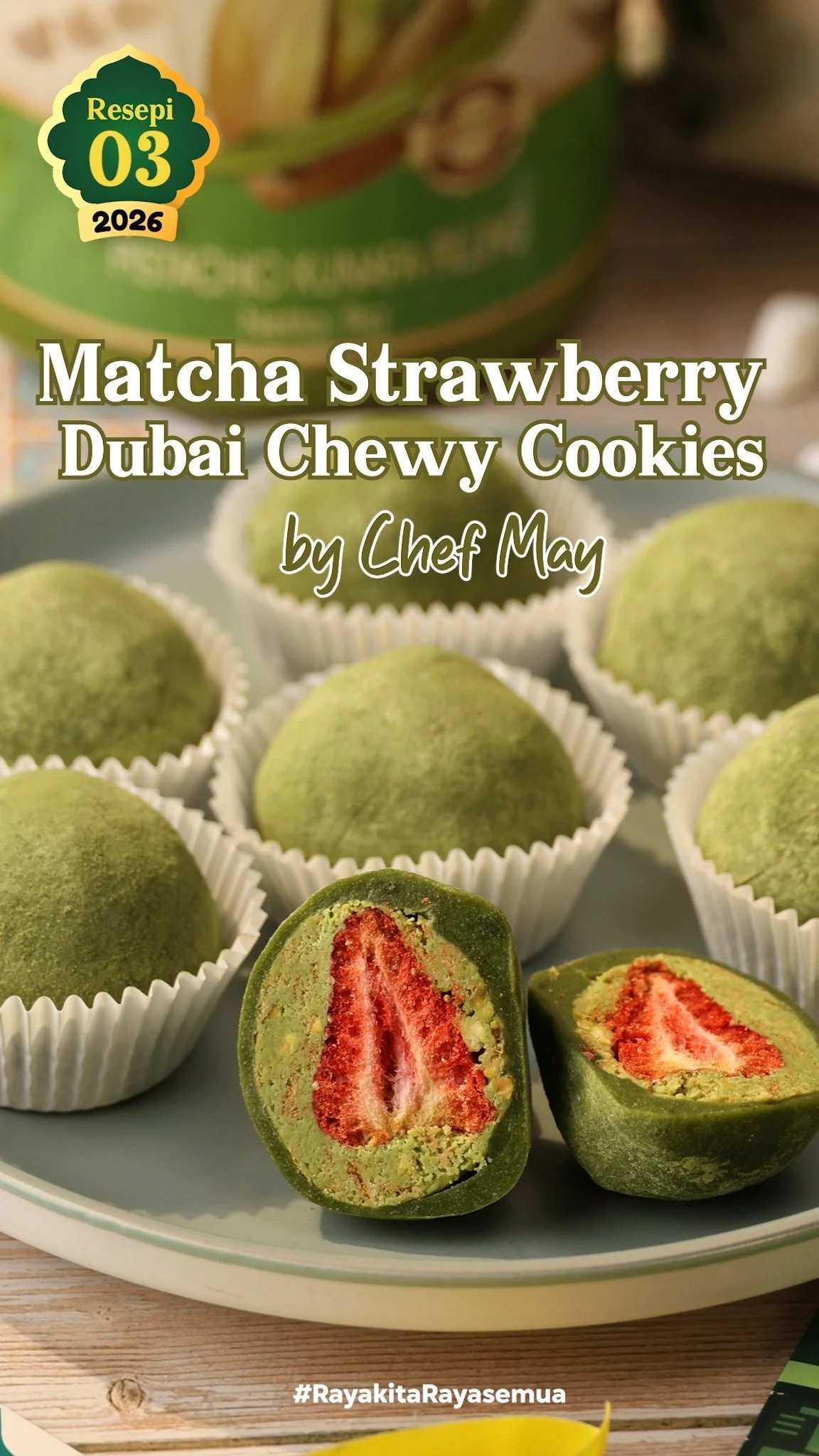 Dubai-style chewy cookies with matcha and strawberry topping