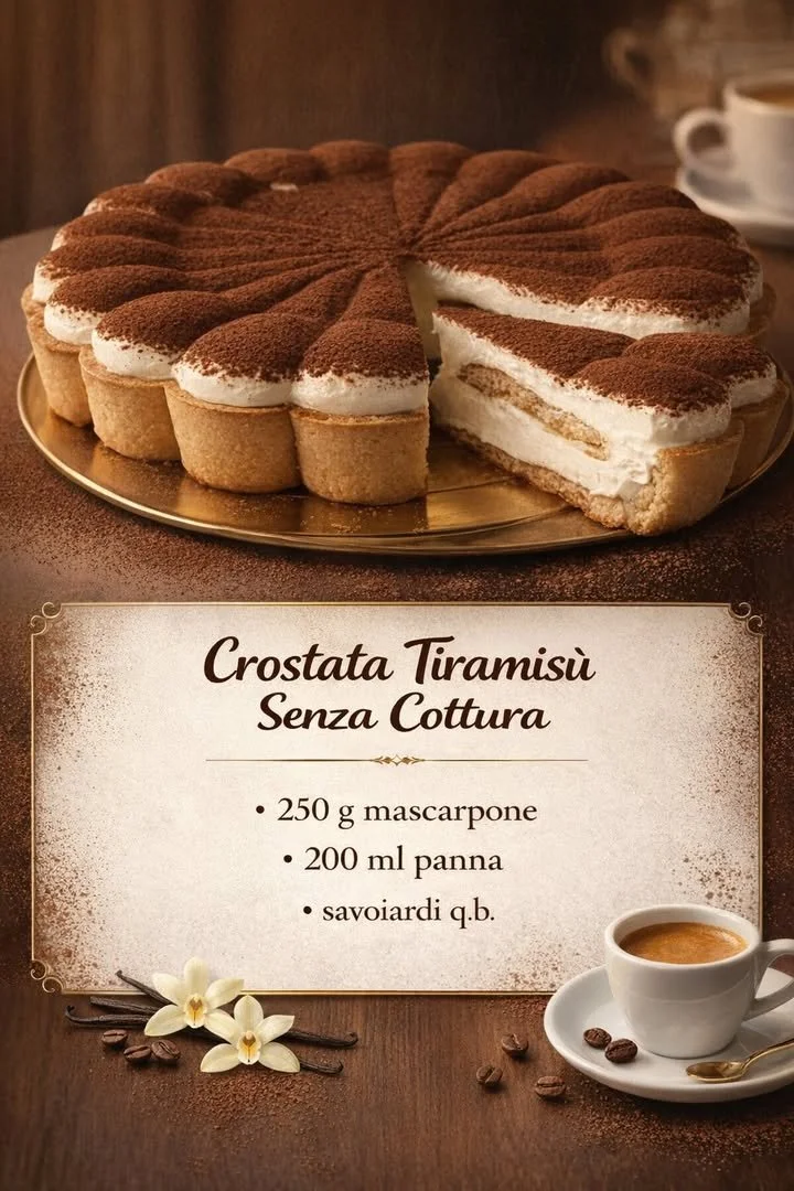 Delicious no-bake tiramisu tart topped with cocoa powder and coffee beans.
