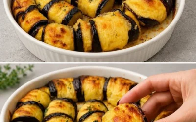 Delicious Eggplant Rolls served on a plate with garnishes