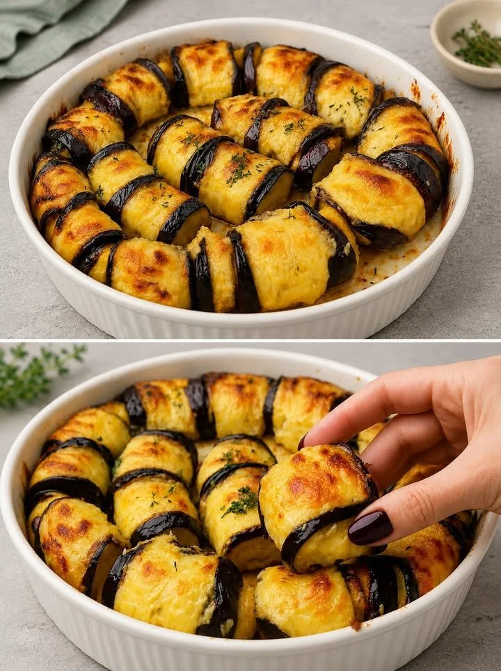 Delicious Eggplant Rolls served on a plate with garnishes