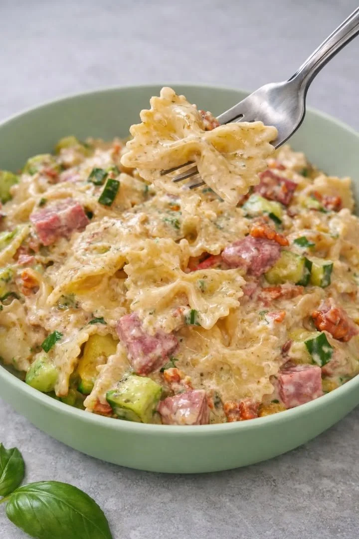 Farfalle pasta dish with zucchini, prosciutto, and Philadelphia cream cheese