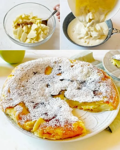 Frittata di mele appena sfornata su un piatto con fette di mela fresca