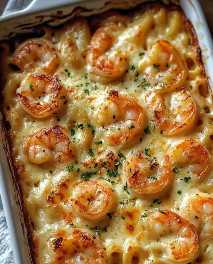 Gratin di gamberi e scampi appena sfornato su un piatto elegante