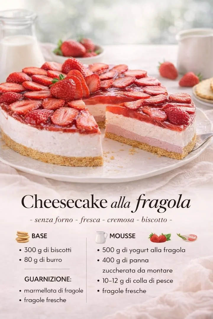 Homemade strawberry cheesecake with fresh strawberries on top.