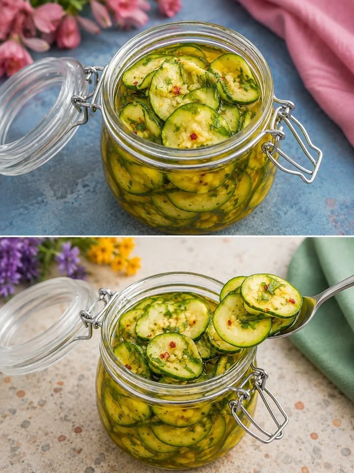 Fresh marinated zucchini slices in a bowl, ready to be served.
