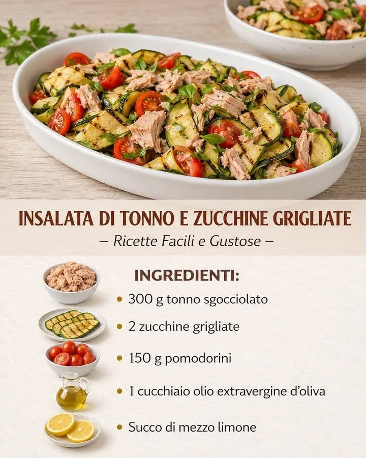 Insalata di tonno con zucchine grigliate servita in un piatto decorato