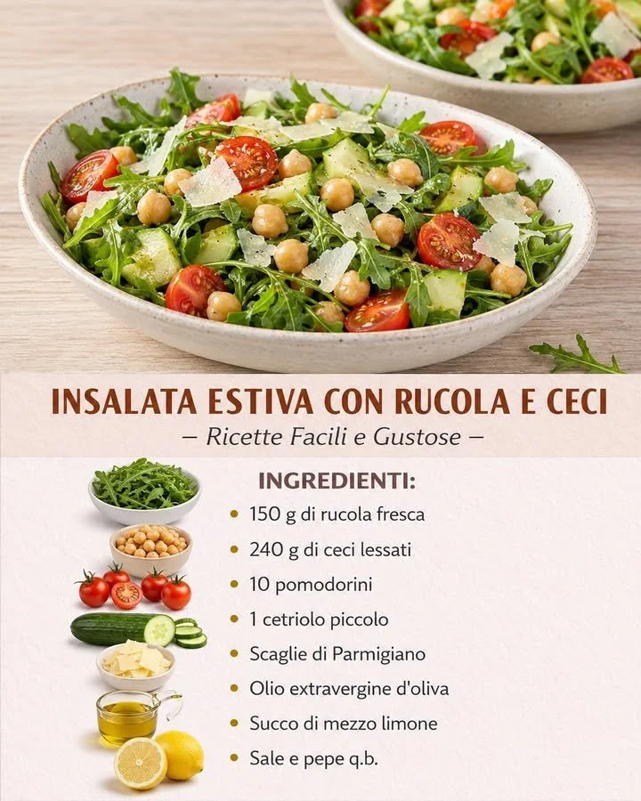 Insalata estiva con rucola e ceci in un piatto bianco