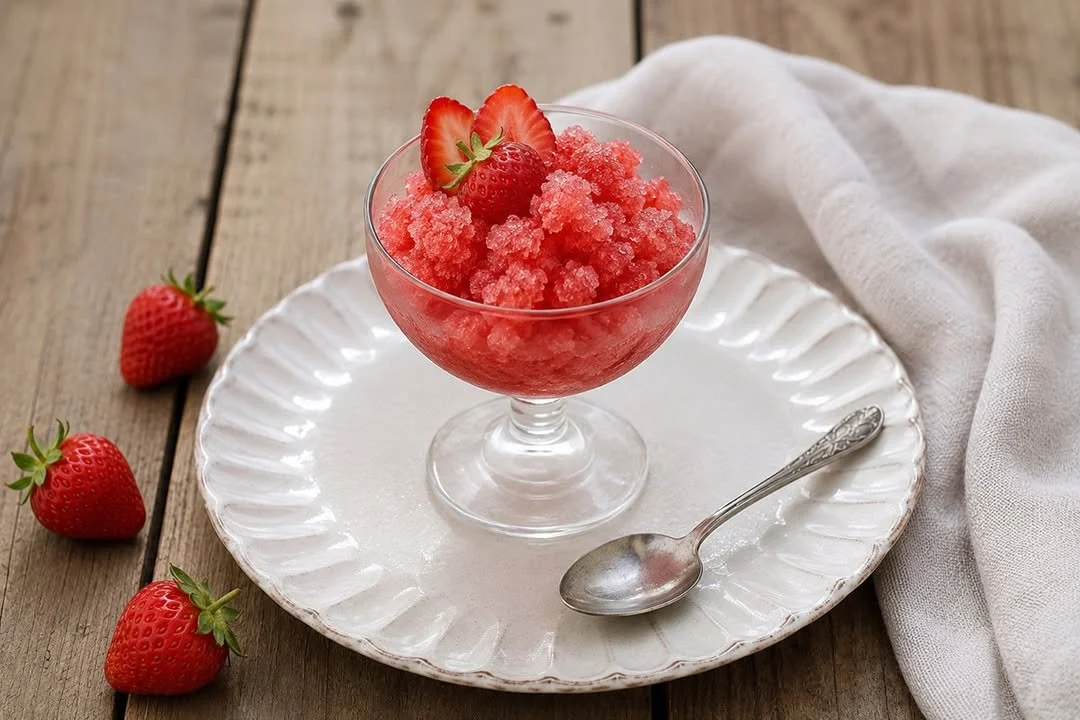 Delicious Italian-style strawberry granita served in a glass with fresh strawberries