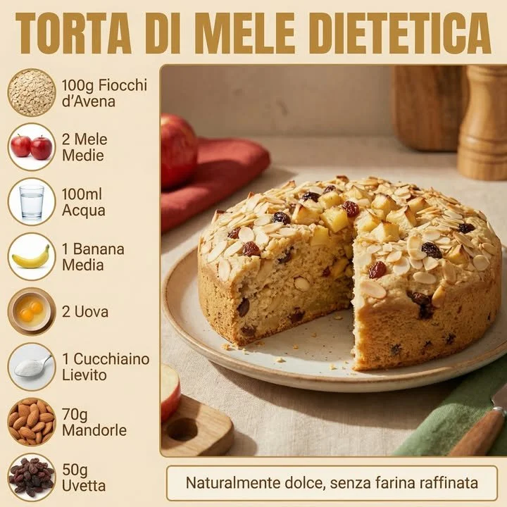Light apple cake with oats and almonds, a healthy dessert option.