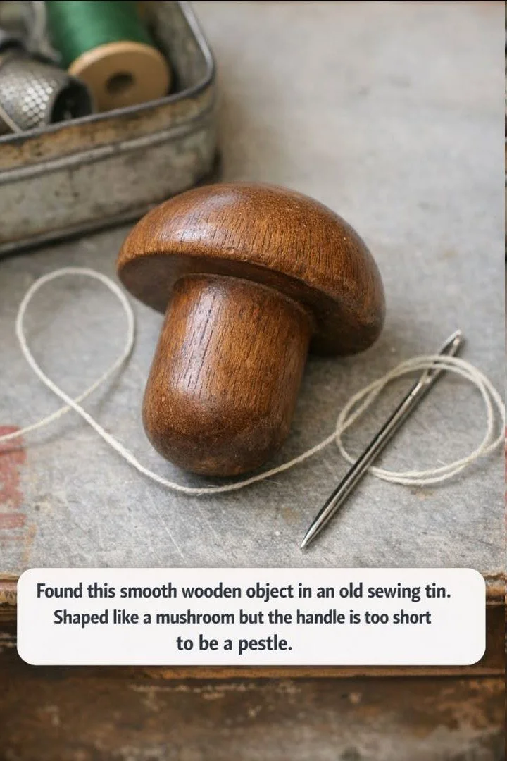 Mushroom-shaped wooden object discovered in an antique sewing tin.