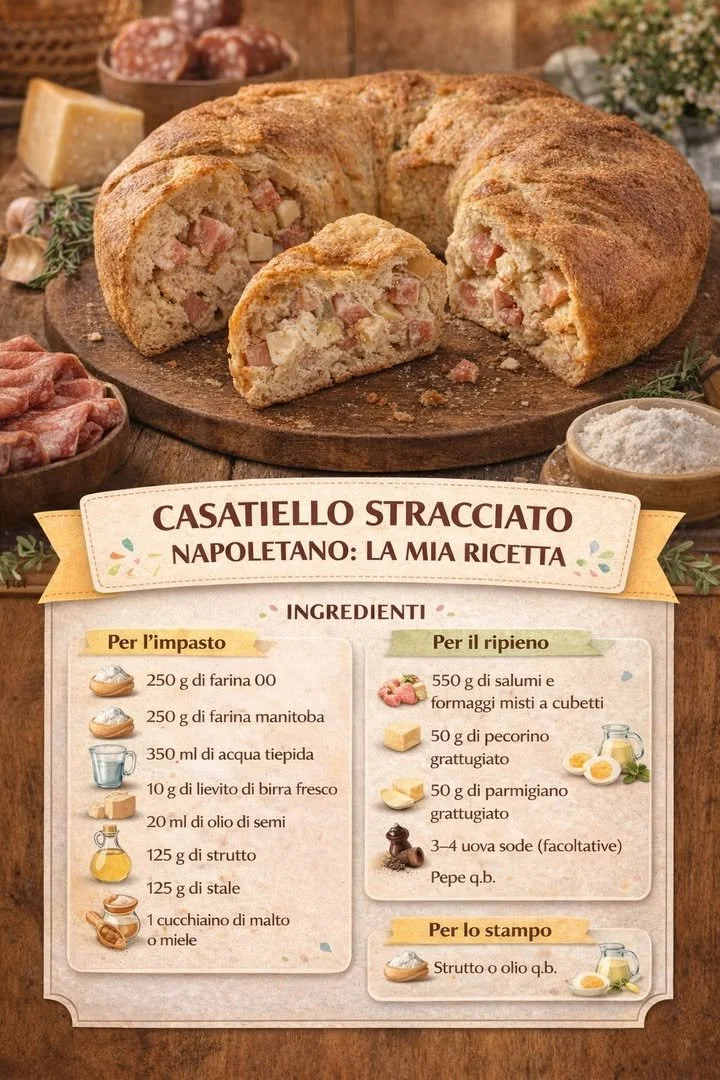 Traditional Neapolitan Stracciato Casatiello bread with rich flavors and ingredients.