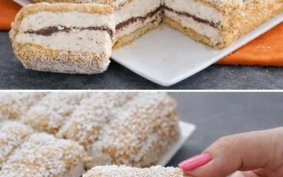 No-bake coffee and chocolate cake with layers and whipped cream topping
