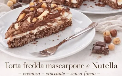 No-bake mascarpone Nutella cake with chocolate drizzle and hazelnuts on top.